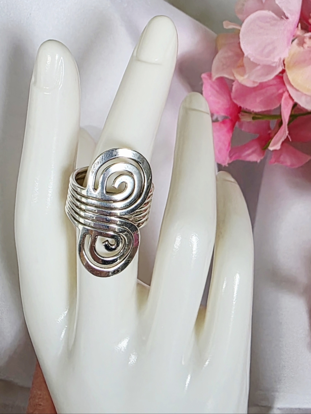 Sterling Silver ATI  Mexico Long Swirl Wide Band ring Size 8
